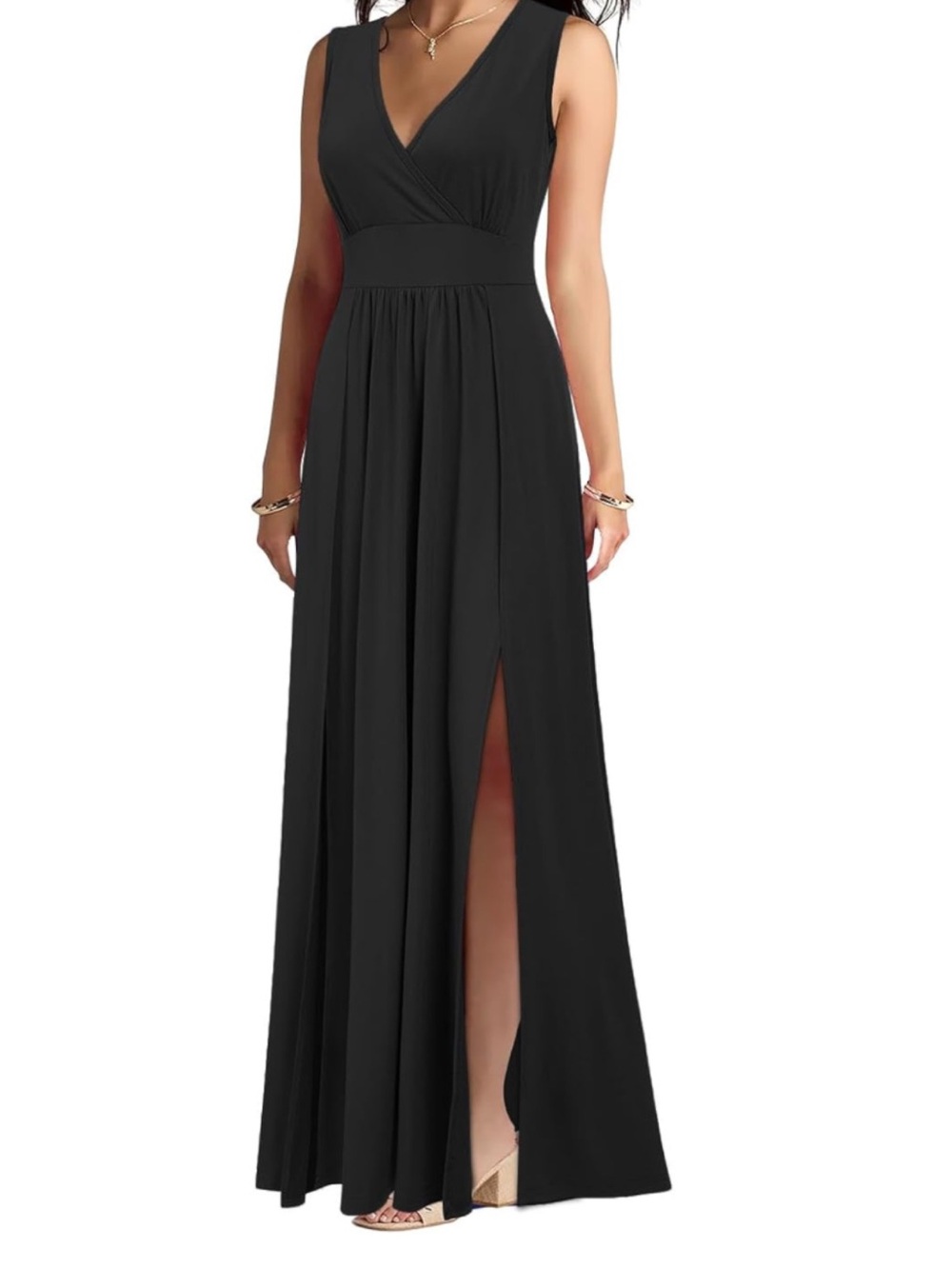 Sleeveless Deep V Neck Sexy Split Loose Plain Maxi Casual Long Dress Black - Picture 2 of 5